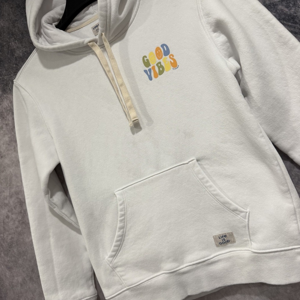 Life is Good Women’s XS Good Vibes White Pullover Hoodie Sweatshirt Logo